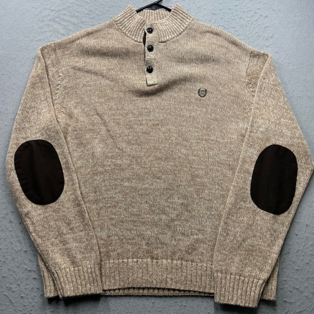 Chaps Mens XL Tan Cotton Knit Mock Neck Button Sweater Elbow Patches 2079